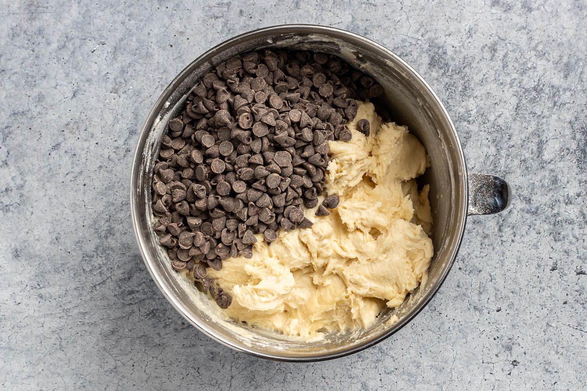 folding the chocolate chips into the completed batter.