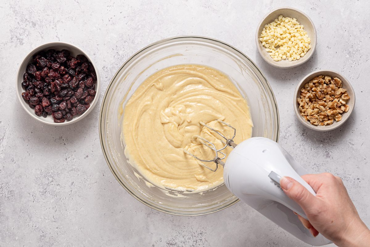 Bowls With Cranberry Bar Batter, Cranberries, Chocolate Chips An