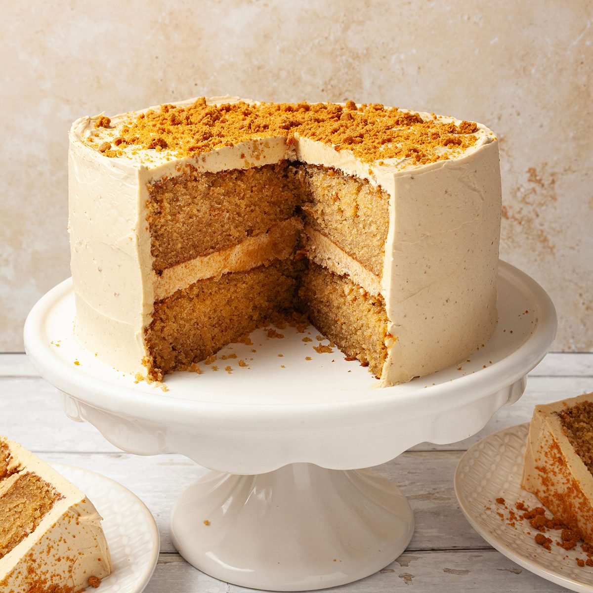 Full Yield And Two Slices Of Taste Of Home Biscoff Cake