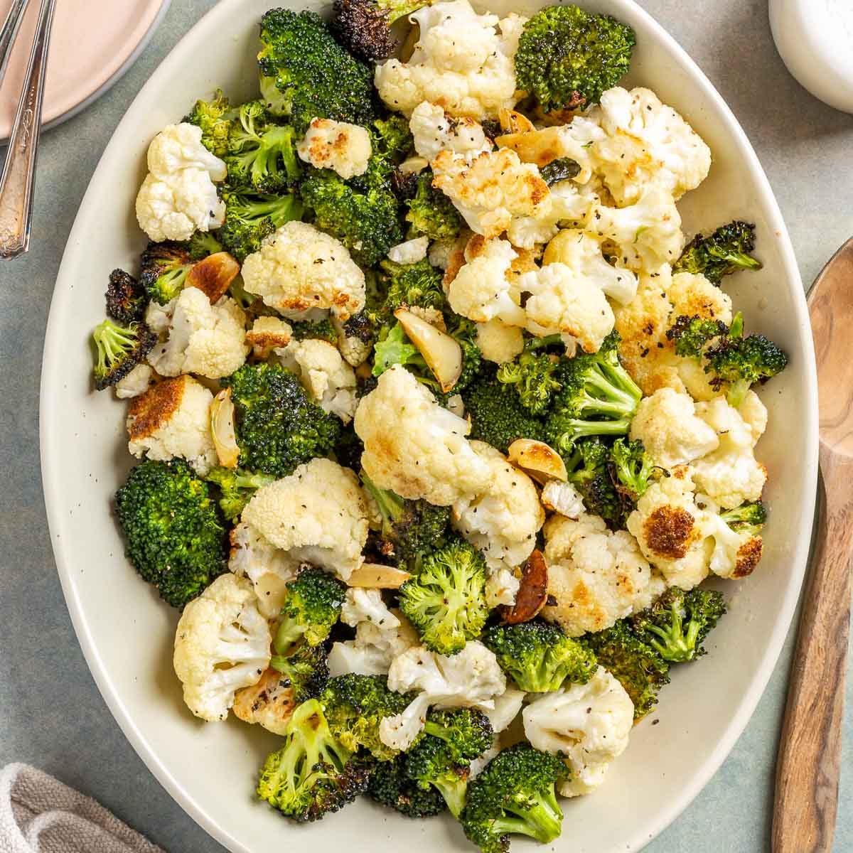 Taste of Home Roasted Broccoli and Cauliflower photo of the finished recipe on a serving platter.