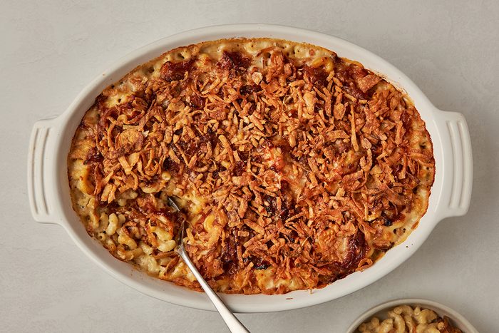 French onion mac and cheese by Taste of Home is surprisingly complex and rich in flavor thanks to all the cheese, the onions and more.