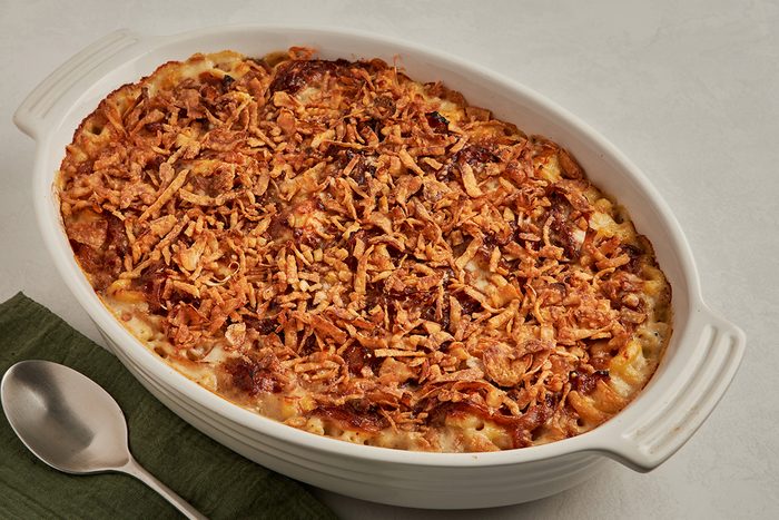 French onion mac and cheese by Taste of Home is surprisingly complex and rich in flavor thanks to all the cheese, the onions and more.
