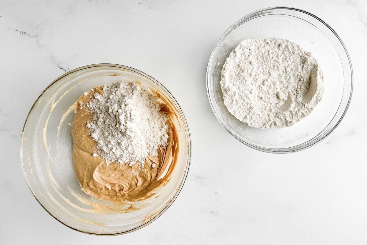 Batter for Taste of Home Gluten Free Peanut Butter Blossoms in glass bowls