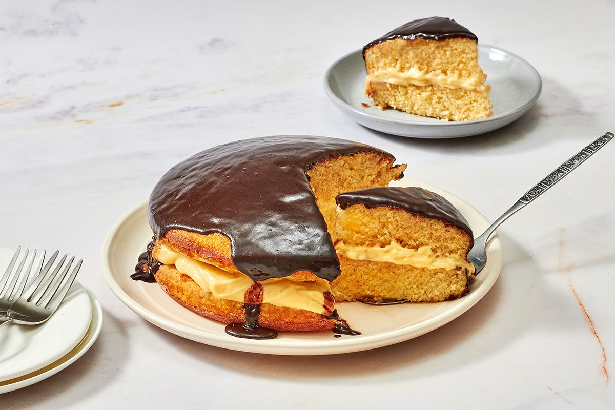 Boston cream pie on a serving plate
