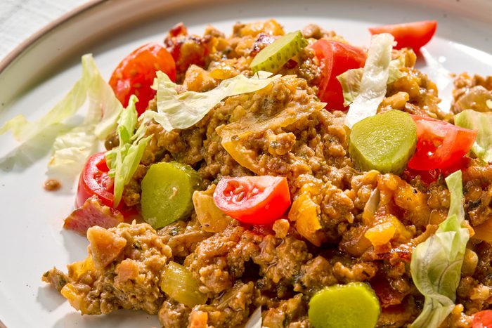 Close Shot Of Keto Cheeseburger Casserole