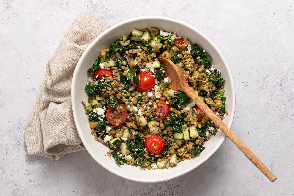 Lentil Salad Ingredients Mixed Inside Bowl