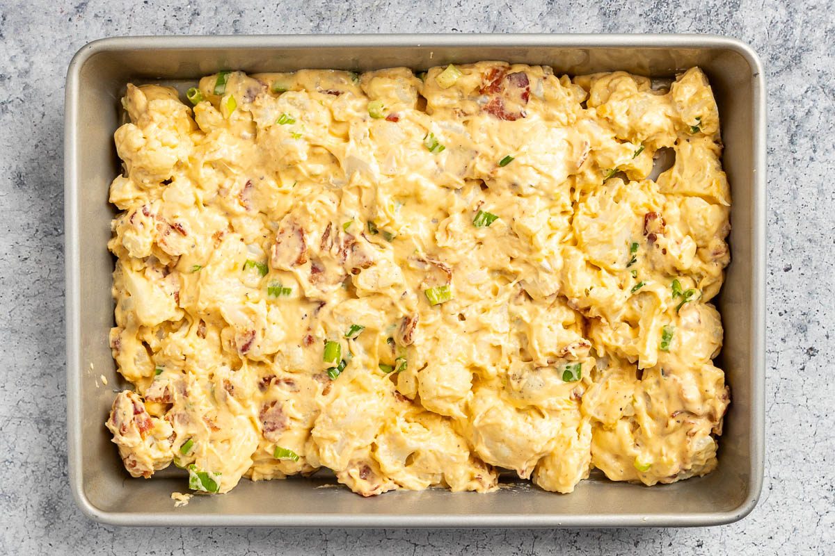 Taste of Home Loaded Cauliflower Casserole photo of building the casserole.