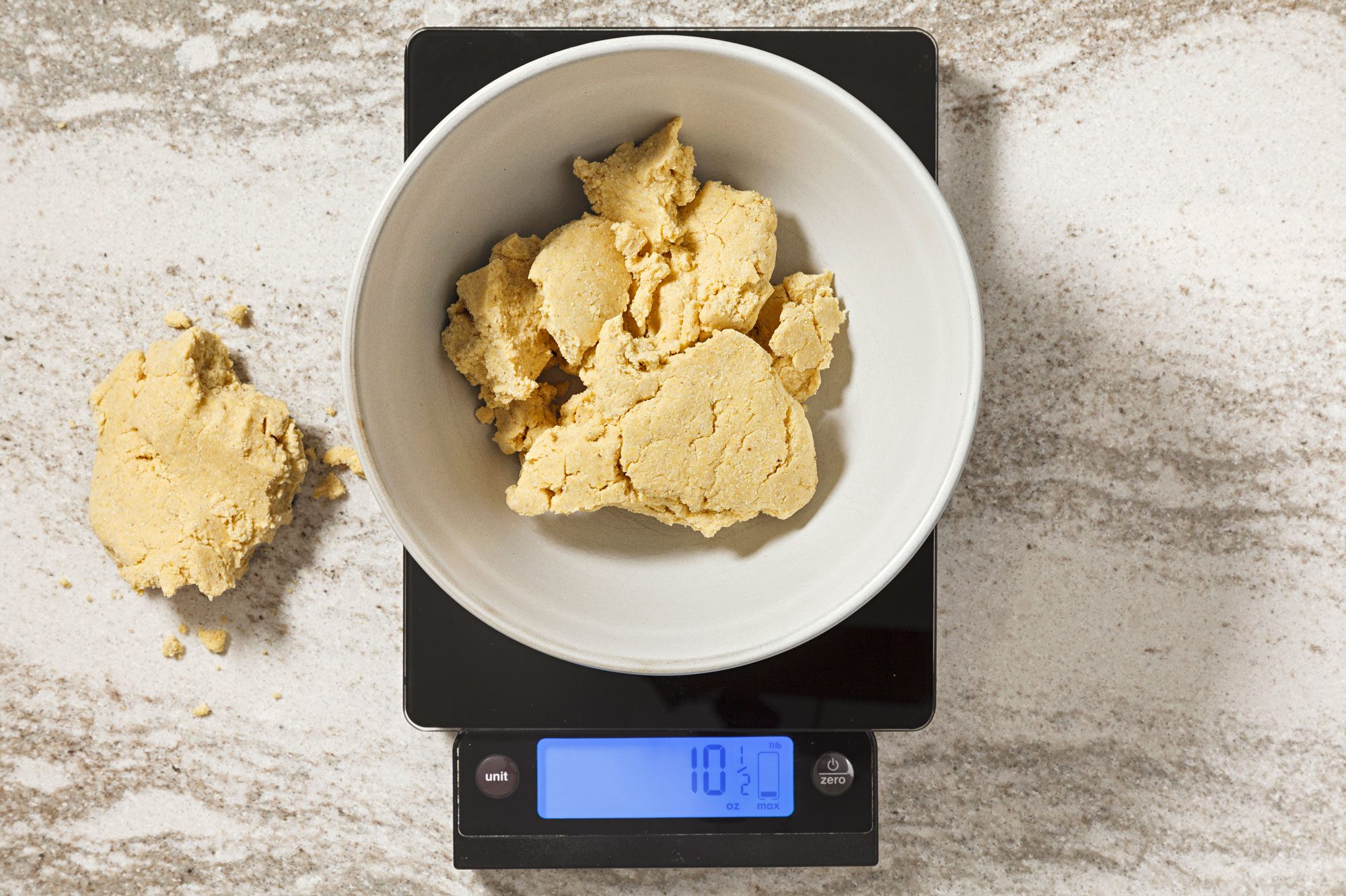 Weigh out 10-1/2 ounces masa mixture