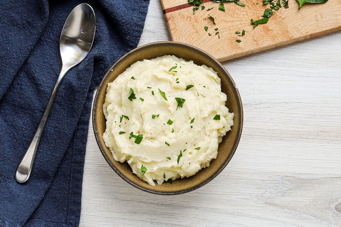 Overhead photo of microwave mashed potatoes.