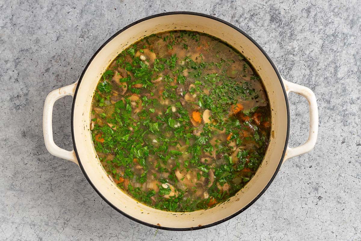 Taste of Home Mushroom Barley Soup recipe photo of simmered soup with barley and parsley.