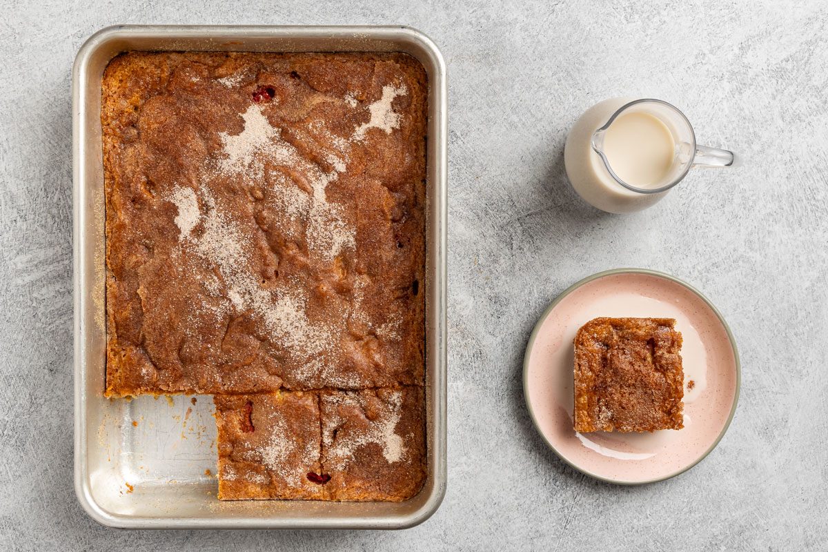 baked cake with a slice taken out of it