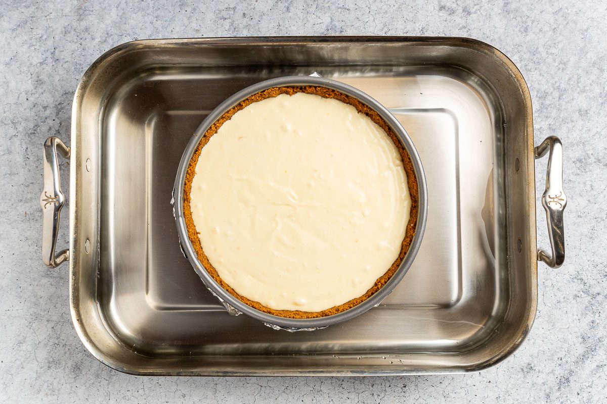 cheesecake base poured into the crust and placed into a hot water bath.