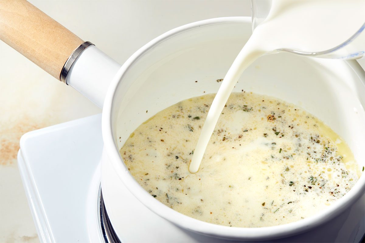 Add Milk; Cream; Remaining Half Teaspoon Salt; Pepper; Thyme And Rosemary