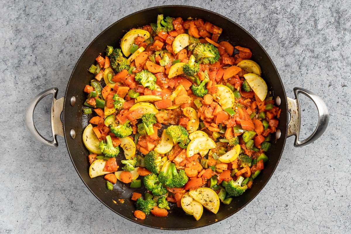 Taste of Home Pasta with Veggies photo of the veggies sauteed in a skillet.