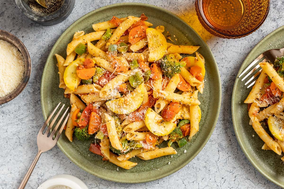 Taste of Home Pasta with Veggies photo of the finished recipe served on plates.