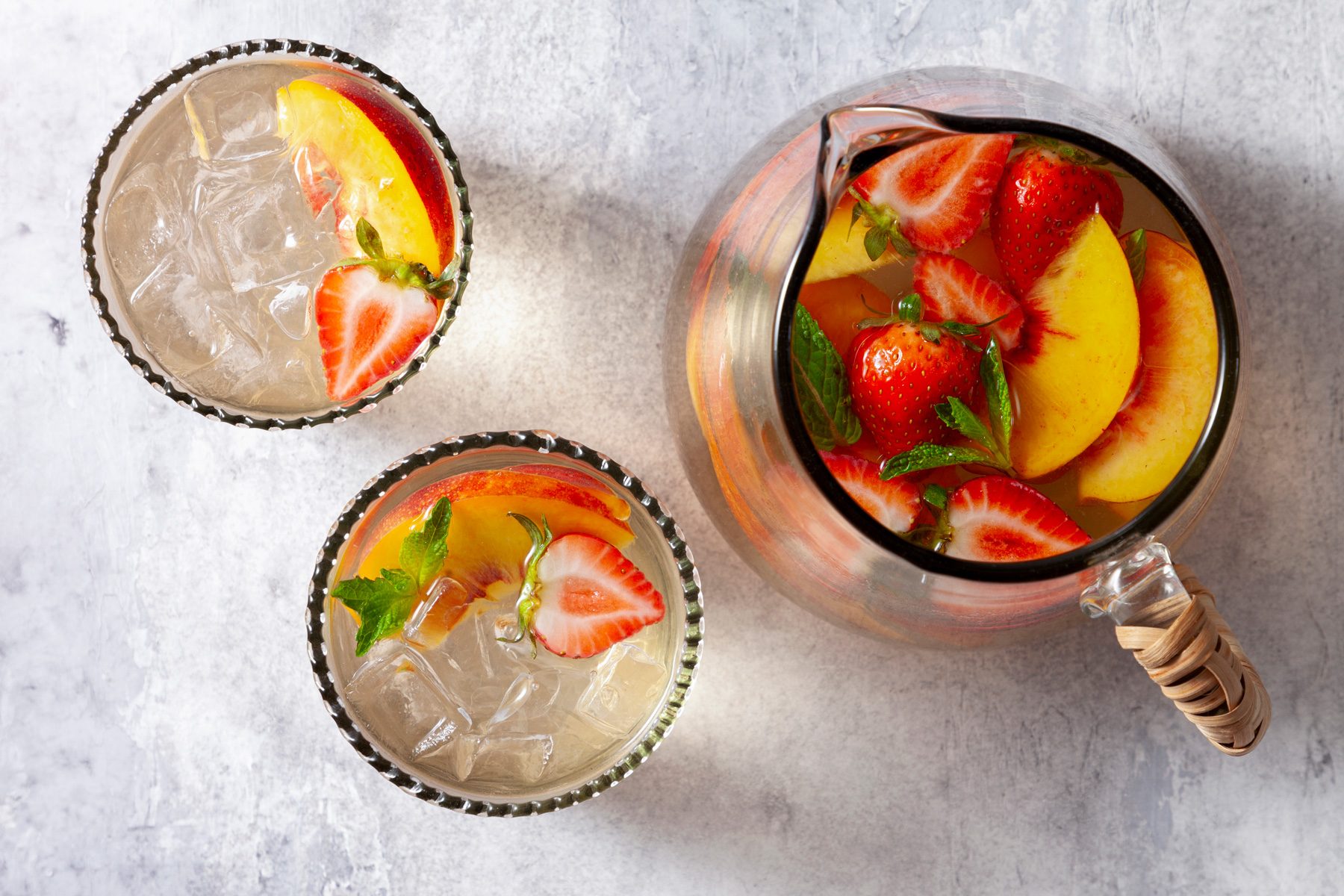 An overhead shot of easy peach sangria.