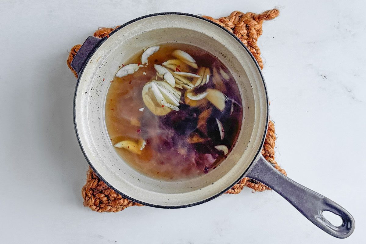 Pickling liquid for Taste of Home Pickled Corn in a ceramic saucepan