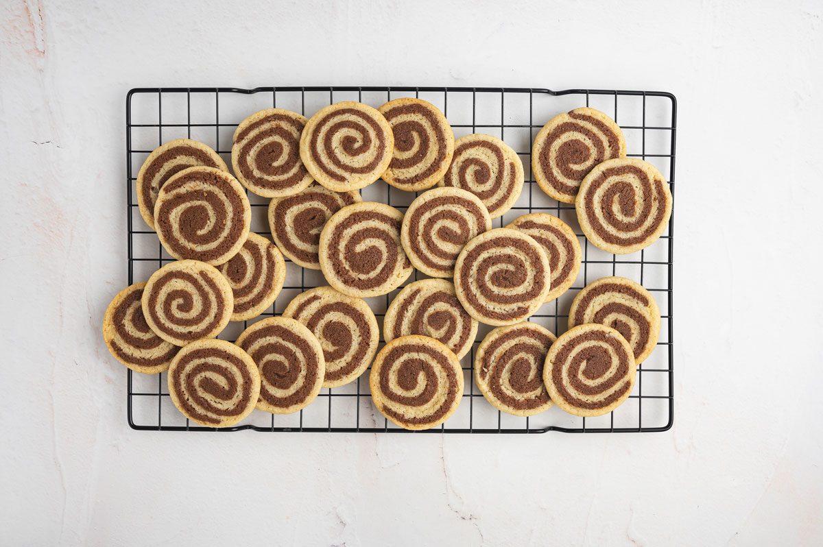 Basic Chocolate Pinwheel Cookies on a cooling rack