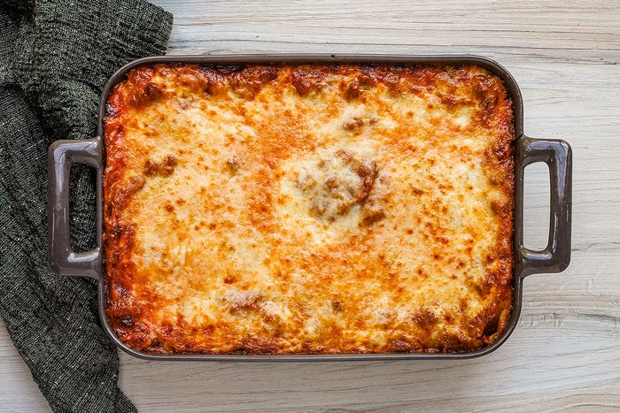 Overhead photo of baked pizza lasagna, a recipe from Taste of Home.