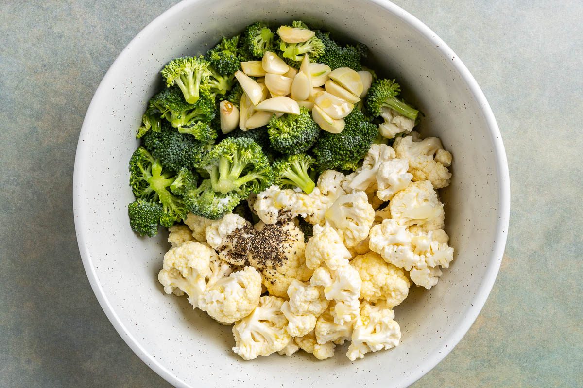 Taste of Home Roasted Broccoli and Cauliflower photo of preparing the broccoli and cauliflower.