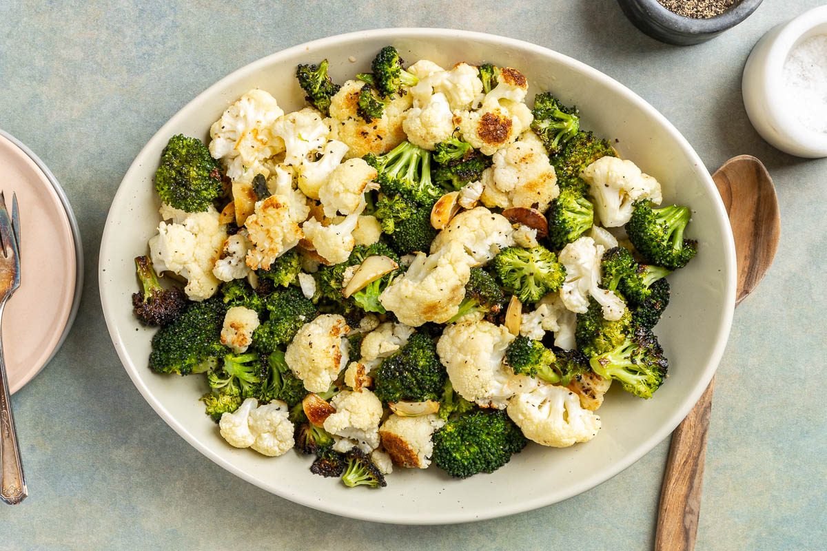 Taste of Home Roasted Broccoli and Cauliflower photo of the finished recipe on a serving platter.