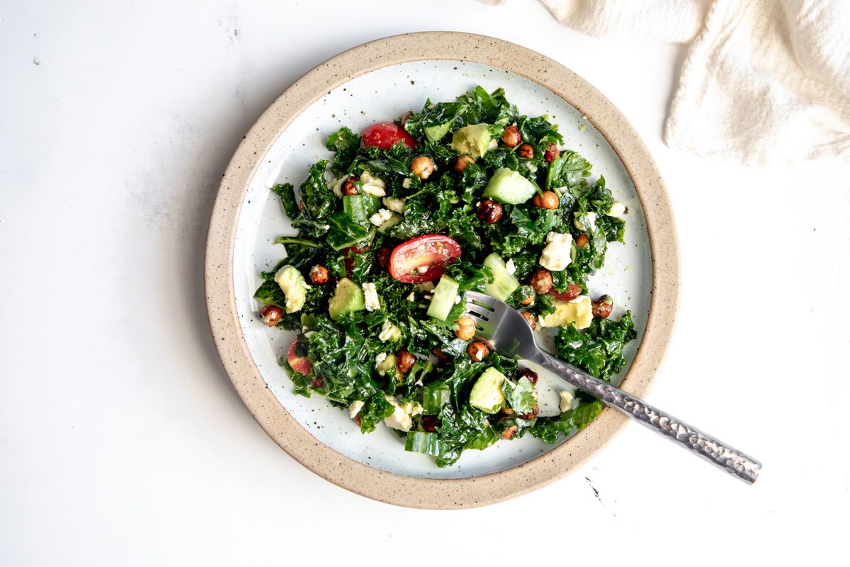 Overhead beauty shot for Taste of Home Roasted Chickpea Salad being served on a plate.