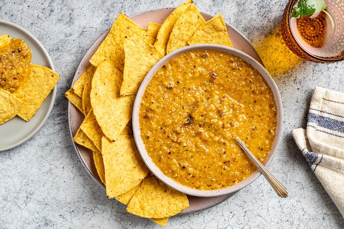 Taste of Home Salsa Morita photo of the finished recipe in a serving bowl with tortillas chips.