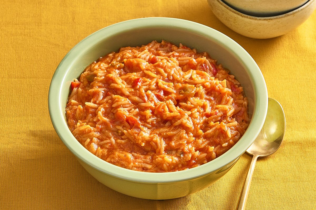 Angled shot of a bowl full of salsa rice