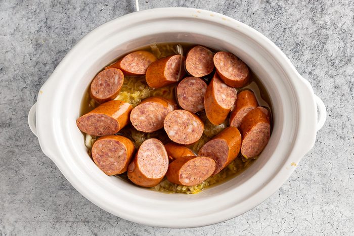 ingredients for Sausage Sauerkraut Soup in slow cooker