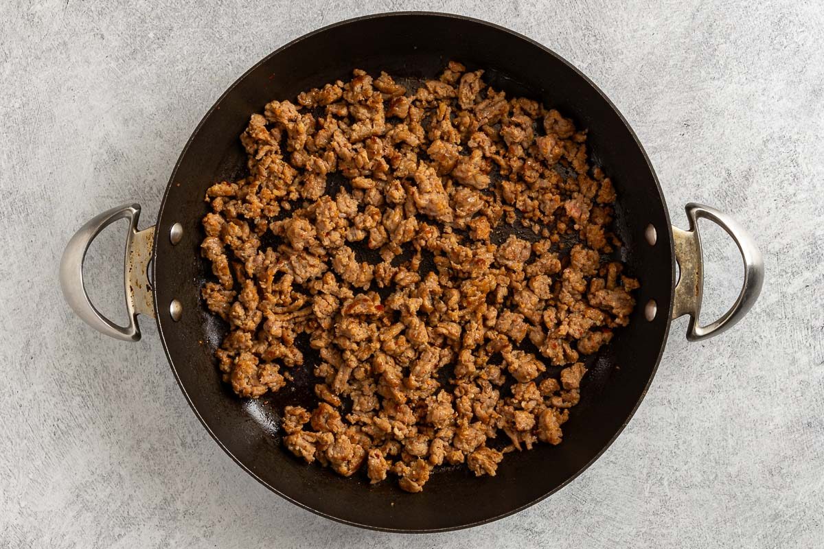 Taste of Home Sausage and Mushroom Pasta photo of the cooked Italian sausage.
