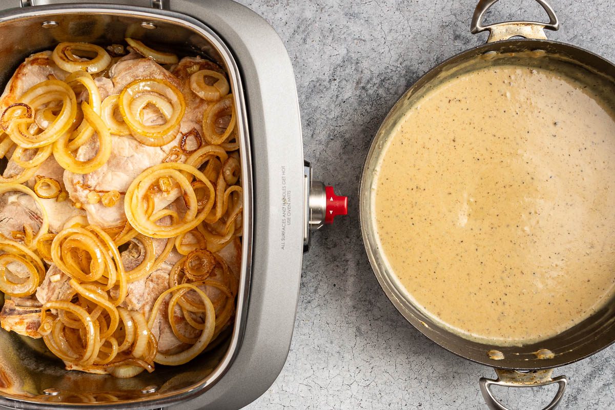 Taste of Home Slow Cooker Pork Chops and Potatoes photo of the sauteed onions in the slow cooker and the prepared sauce.