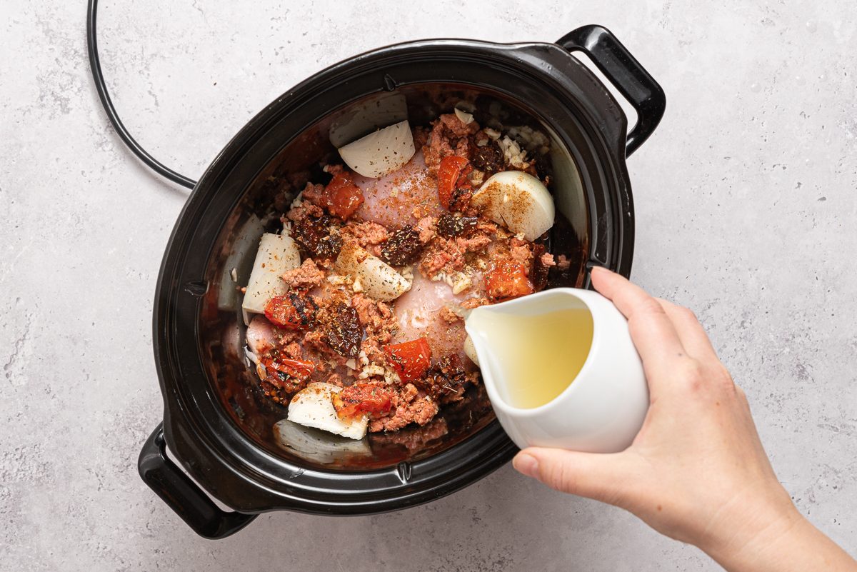 Crock Pot With Ingredients For Chicken Tinga