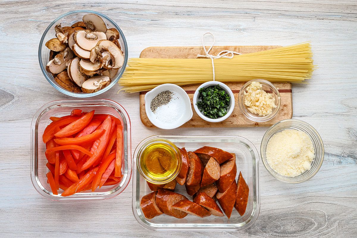 Ingredients for a skillet meal of smoked sausage and pasta, from Taste of Home.