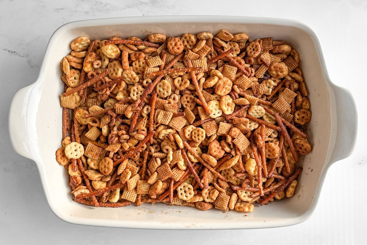 Taste of Home Sweet and Salty Chex Mix in a ceramic baking dish
