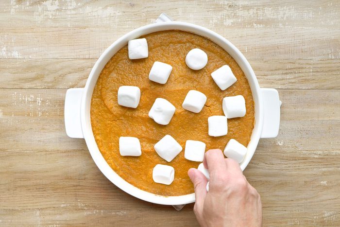 Add marshmallows and bake the sweet potato casserole