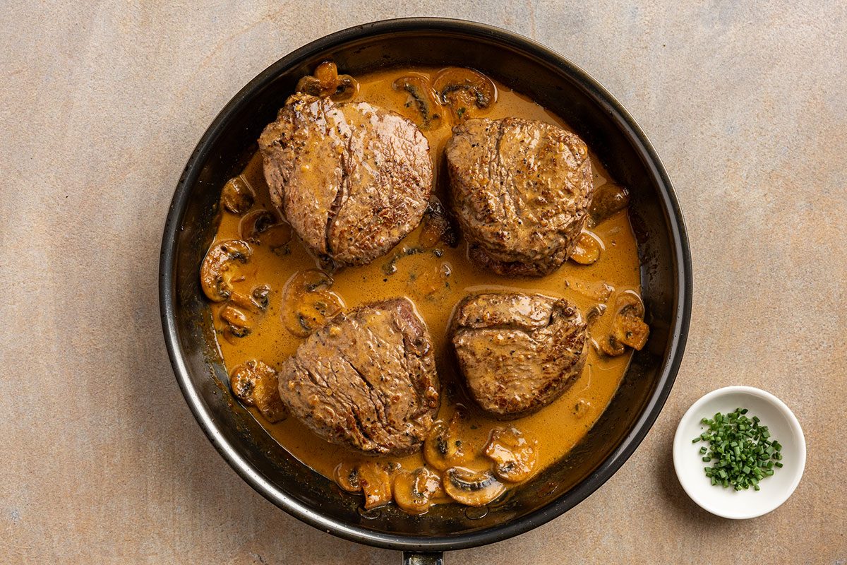 Tenderloin Steak Diane in skillet