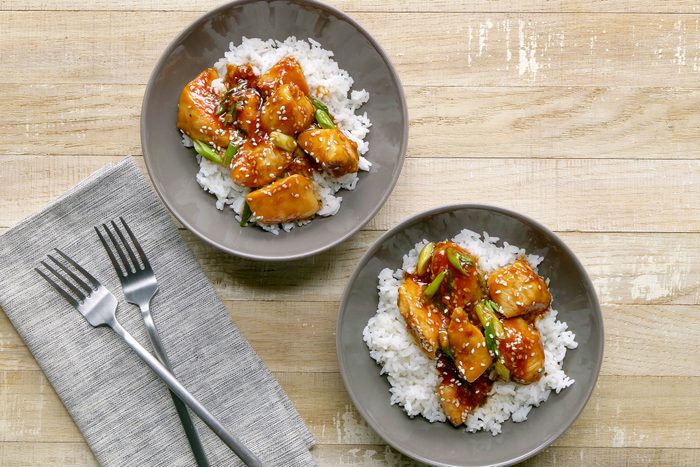 Teriyaki Chicken served with rice in bowls