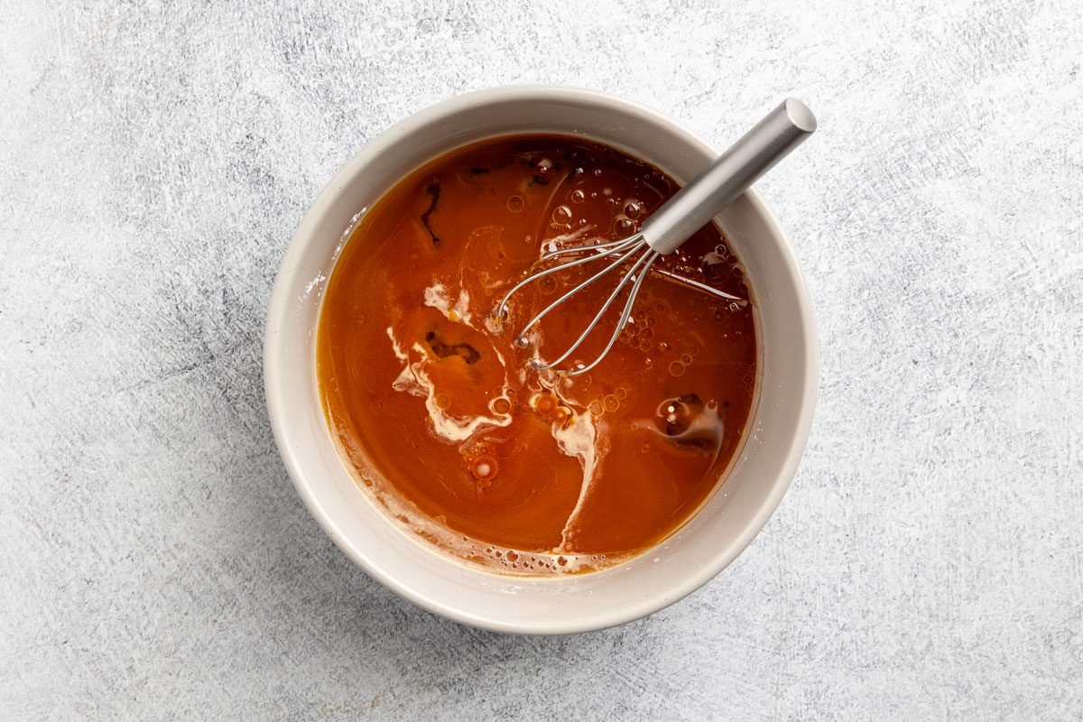 teriyaki sauce preparation in a bowl with a whisk