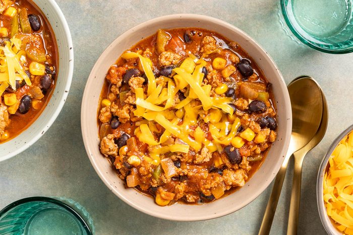 Taste of Home Turkey Black Bean Chili photo of the finished recipe served in bowls.