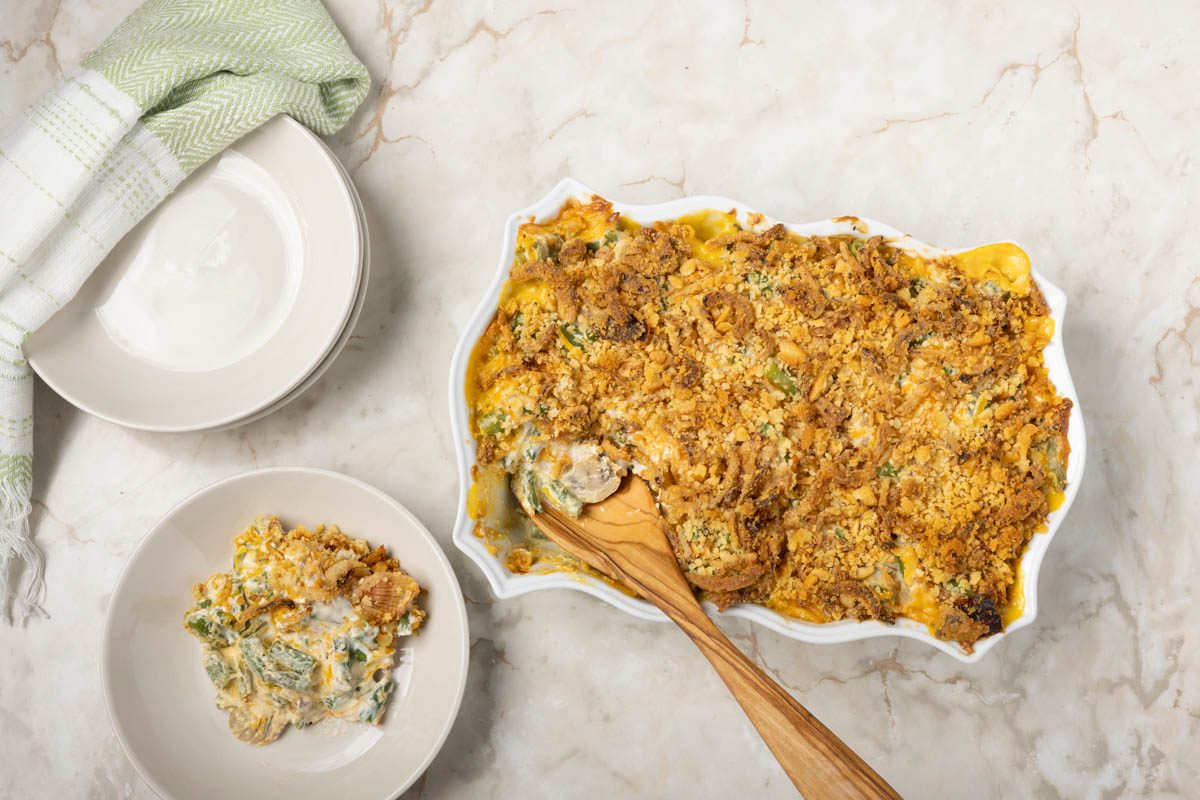baked Vegan Green Bean Casserole overhead on marble