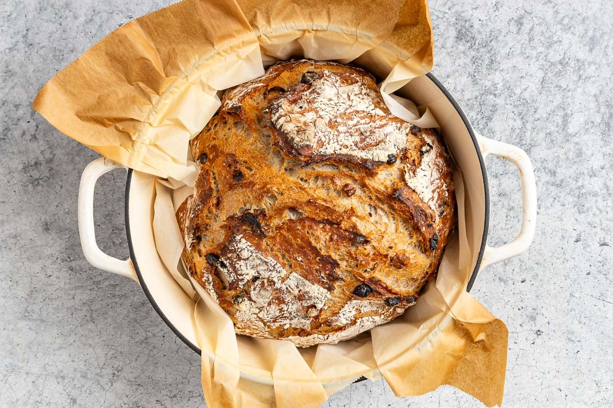 Taste of Home Walnut Raisin Bread photo of the bread loaf baked in a Dutch oven.