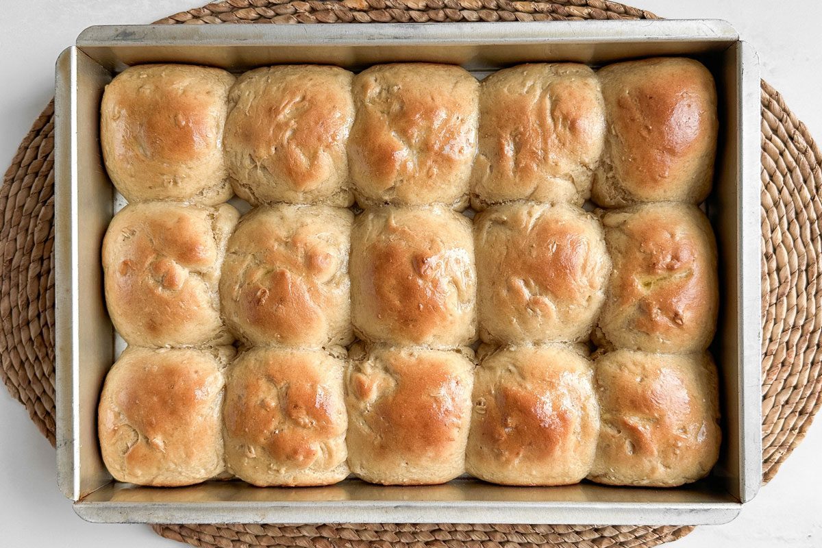 Taste of Home Whole Wheat Rolls in a metal baking pan