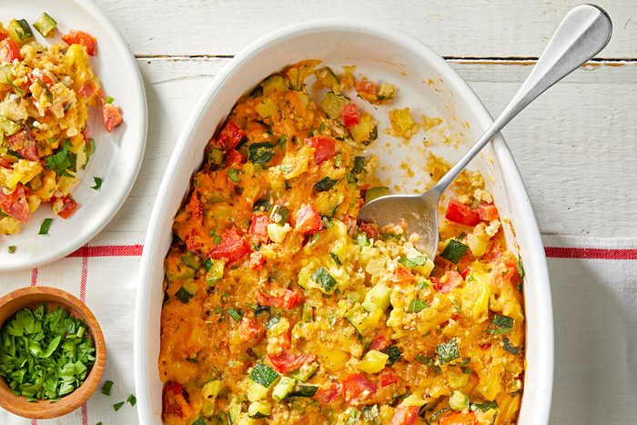 Zucchini Tomato Casserole served with parley on the side