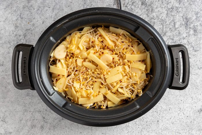 Taste of Home Chicken Chop Suey photo of the chicken and vegetables in a slow cooker.