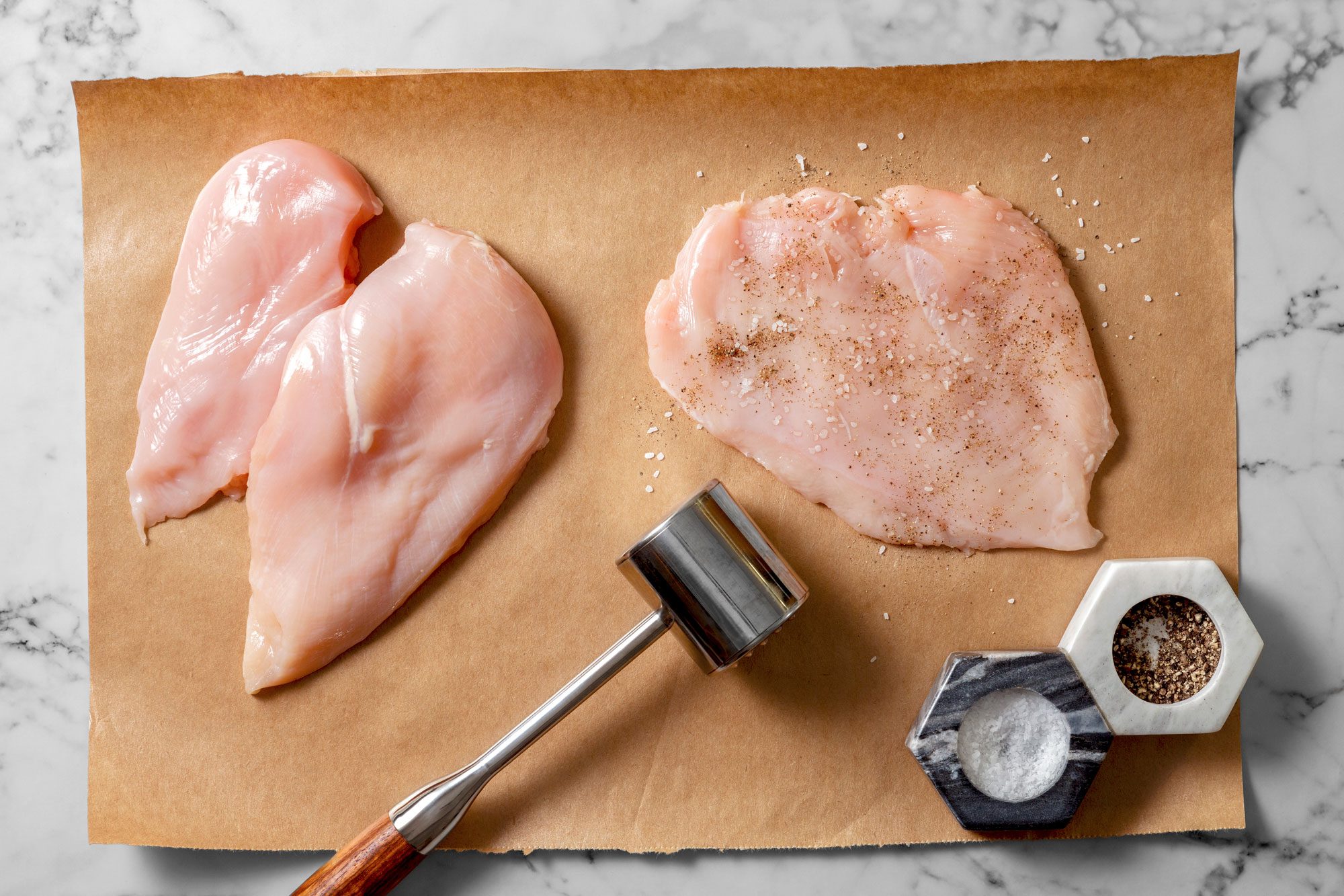 Pound chicken breasts with a meat mallet to 1/4-in. thickness