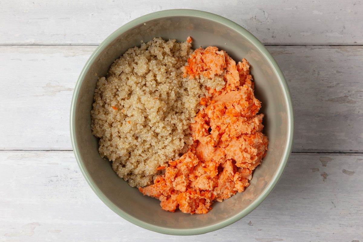 Step 2 of Taste of Home Cumin Quinoa Patties is to add quinoa and mashed carrot and beans into a bowl