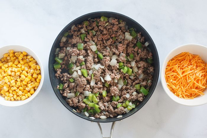 Beef and veggies in skillet
