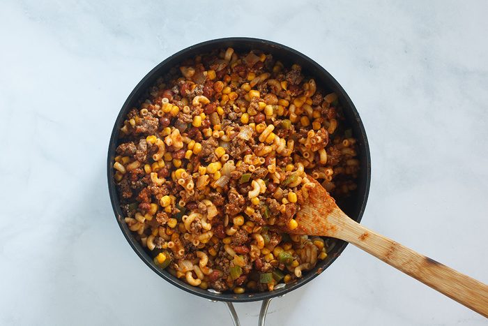 Veggies and ground beef in skillet