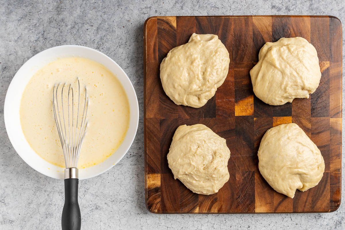 Taste of Home German Kuchen Recipe photo of the unbaked kuchen making the custard and dividing the dough.