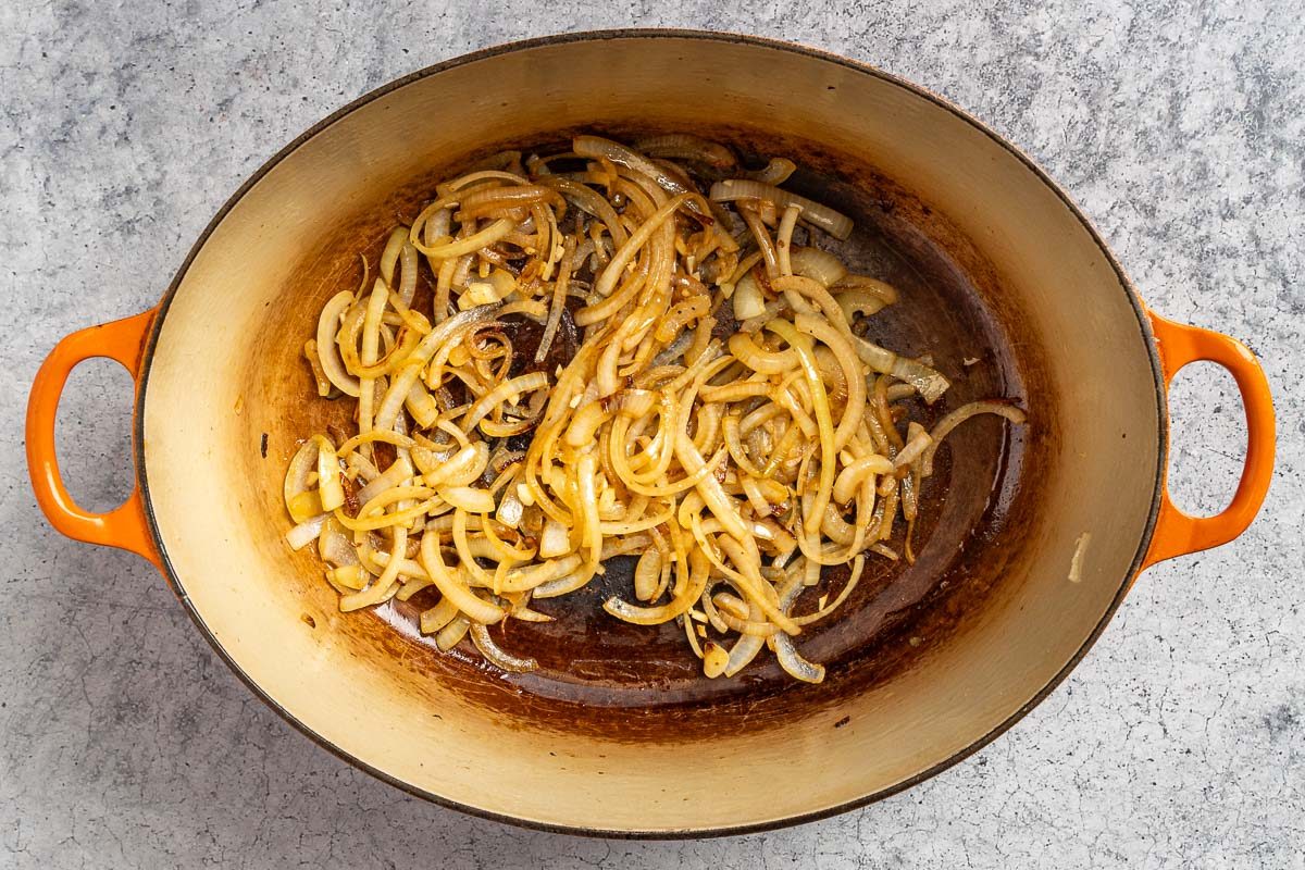 Taste of Home Hungarian Chicken Paprikash photo of the sauteed onions.